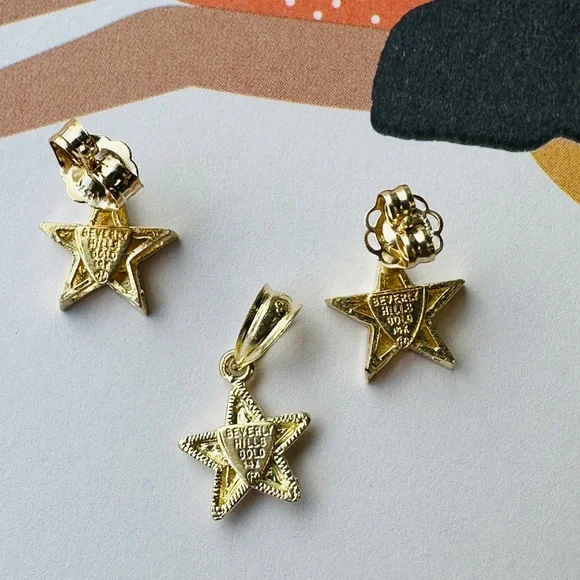 14K solid gold earrings and pendant set with chain - Picture 6 of 7